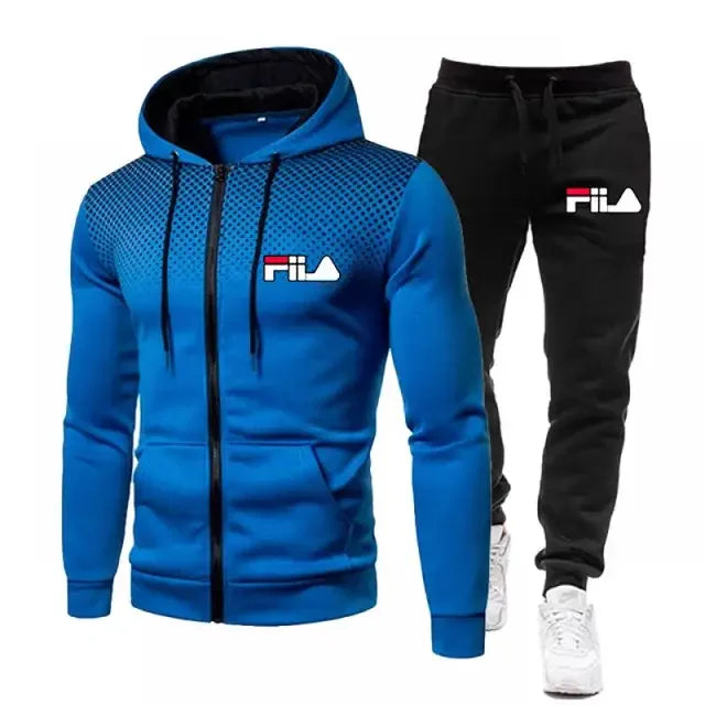 Blue hoodie and black pants with Fila logo on a white background