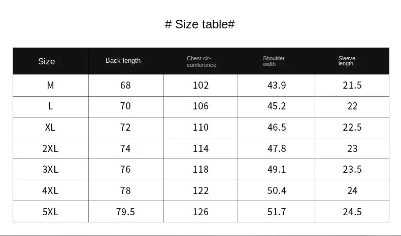 Size chart for clothing with measurements in centimeters