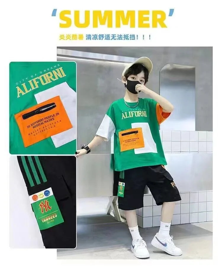 Teen Boys Summer Outfit casual kids tracksuit with T-shirt and shorts in solid colors – CyberStreetOne 45321