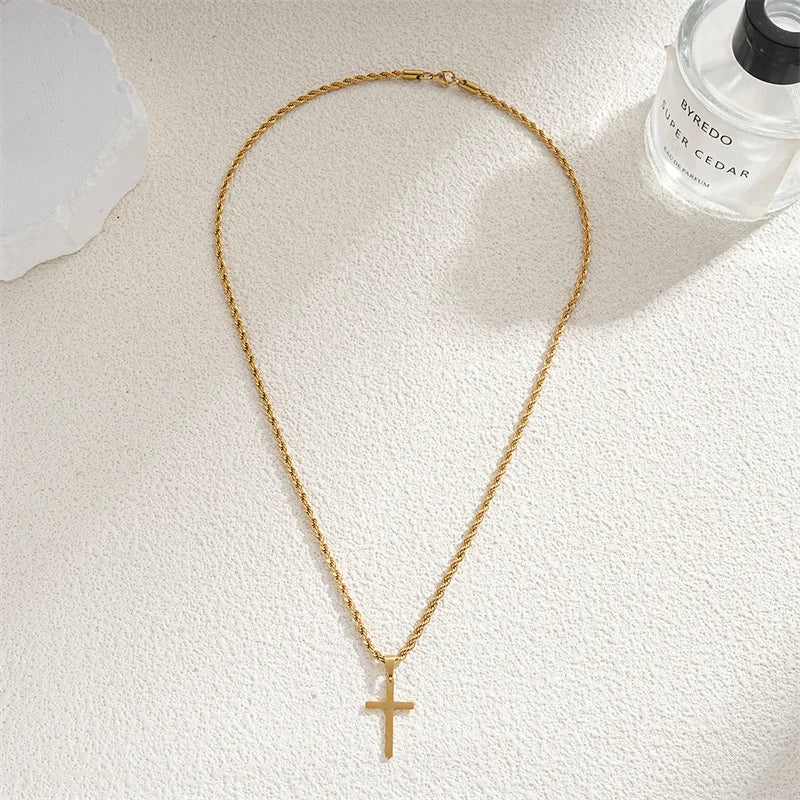 Unisex's cross pendant necklace with gold plated silver color simple twisted chain, fashionable jewelry for beach or party gift gold 3