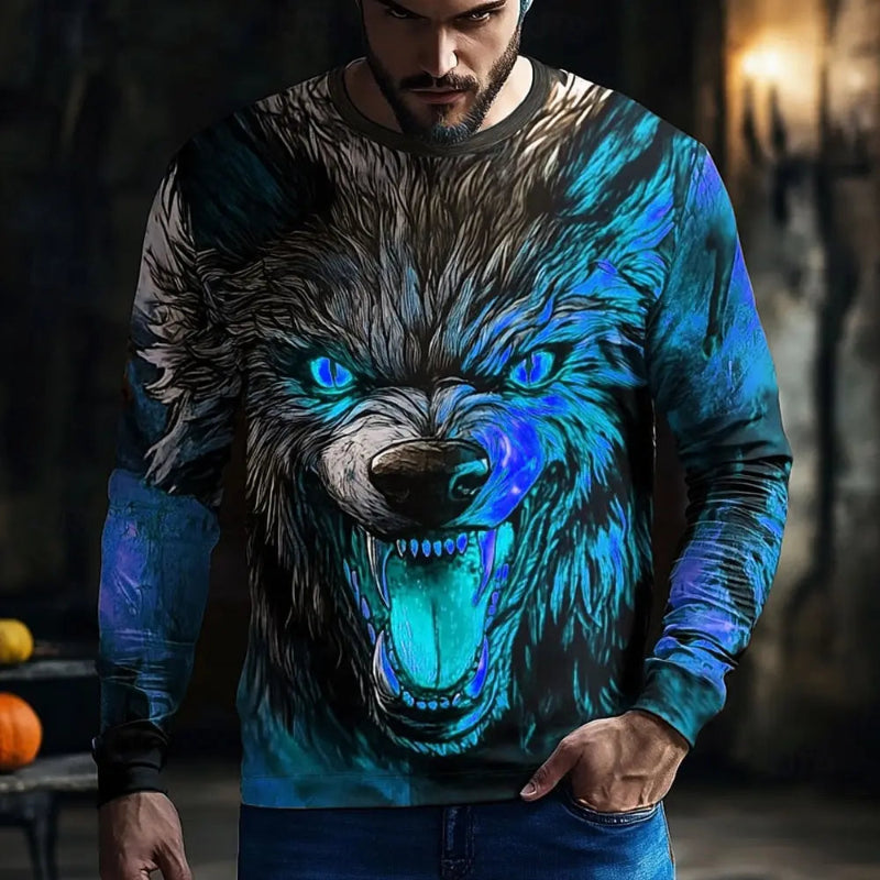 Person wearing a sweater with a wolf design in a dark setting