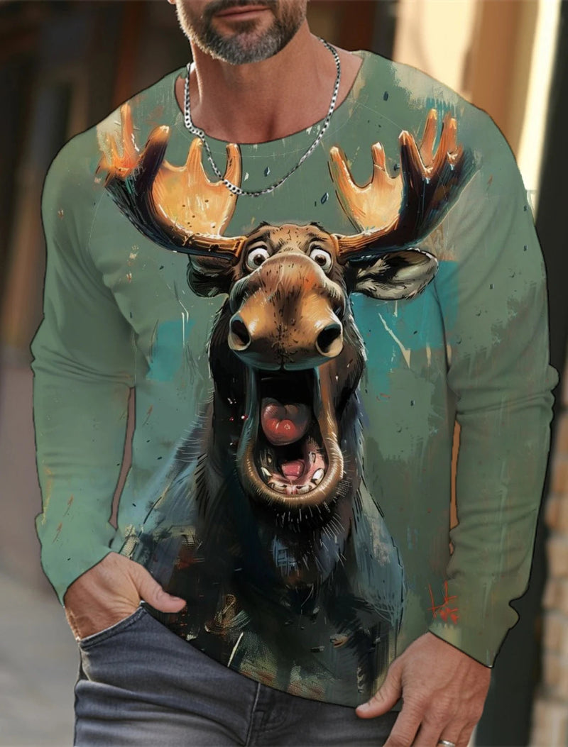 Person wearing a shirt with a moose graphic design.