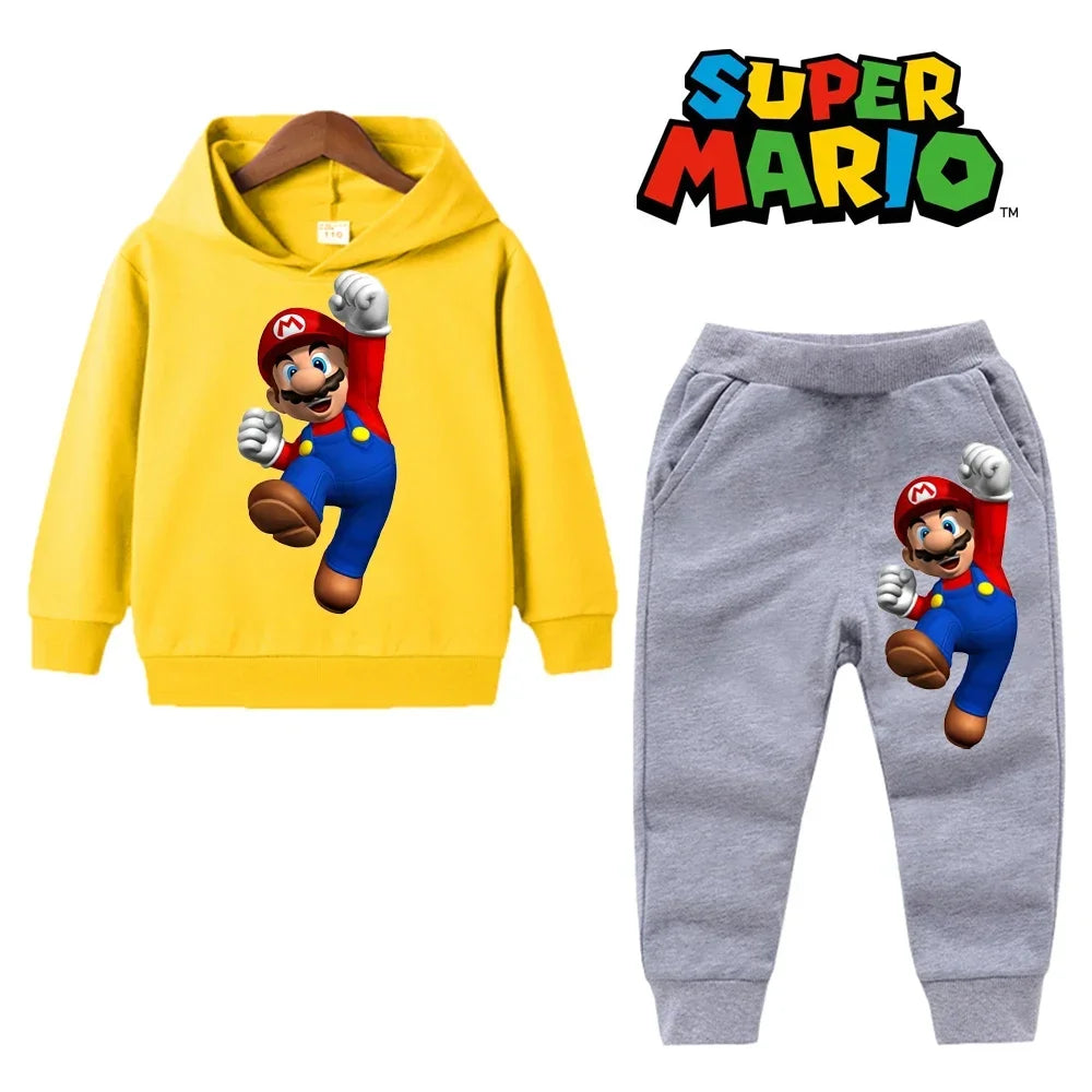 Yellow hoodie and gray pants with Super Mario character on a white background