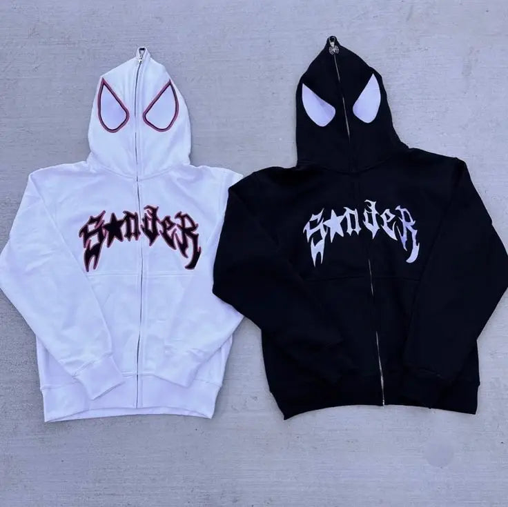 Full zip up spider graphic hoodie for men and women, oversized Harajuku punk gothic Y2K streetwear sweatshirt jacket white and black 2