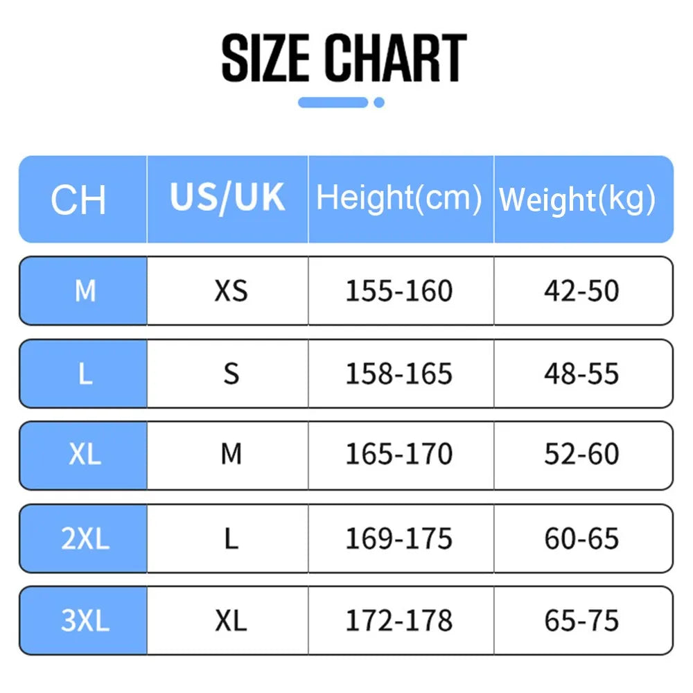 Size chart comparing CH, US/UK, height(cm), and weight(kg) categories.