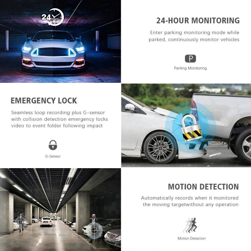 3-channel car dash camera with 1080P HD recording, 3-lens system for front, inside, and rear coverage – perfect for driving safety and surveillance - motion detection