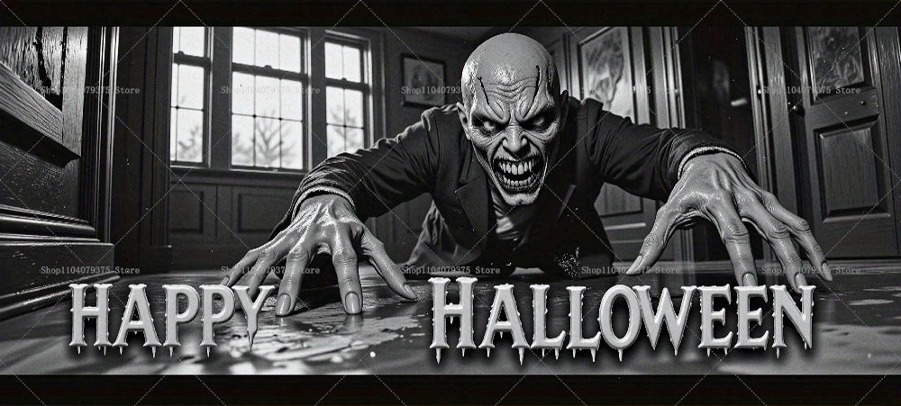 Horror-themed Halloween decoration with a creature and 'Happy Halloween' text.