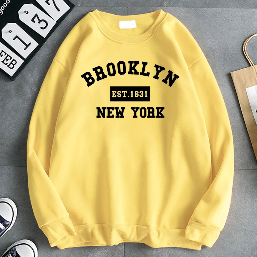 Women's Brooklyn 1631 letter print hoodie in soft fleece, gray pullover- light yellow