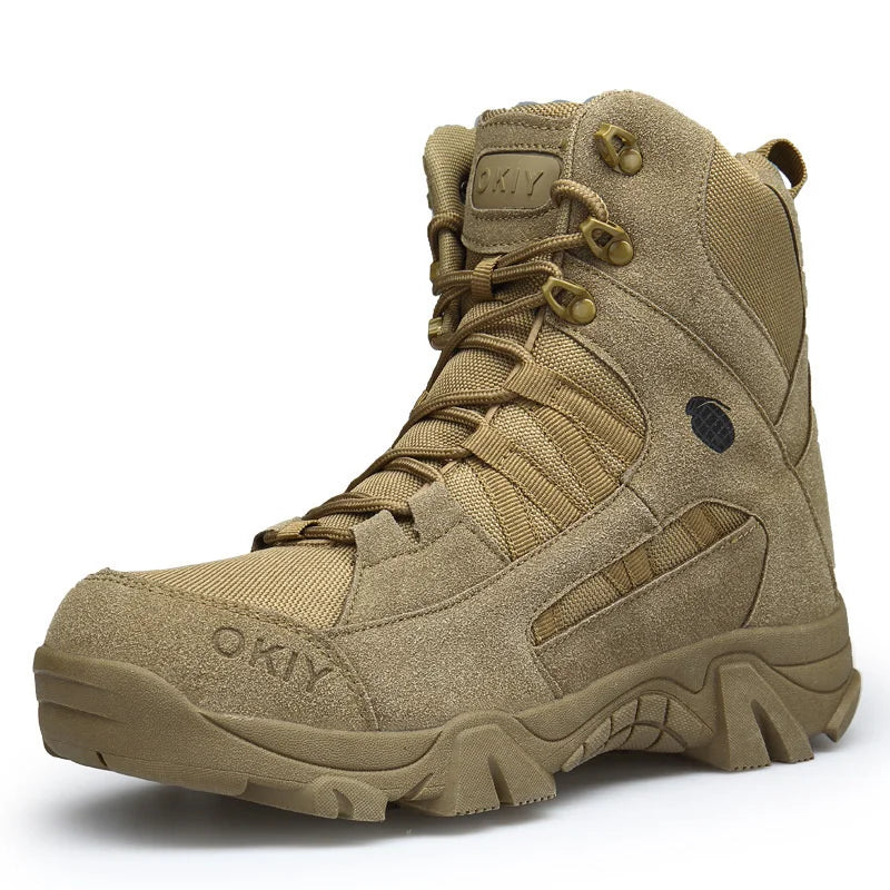 Tan tactical boot with brand logo on a white background