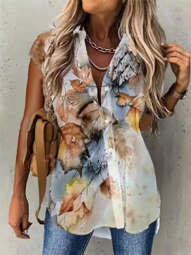 Woman wearing a floral sleeveless top with a neutral background