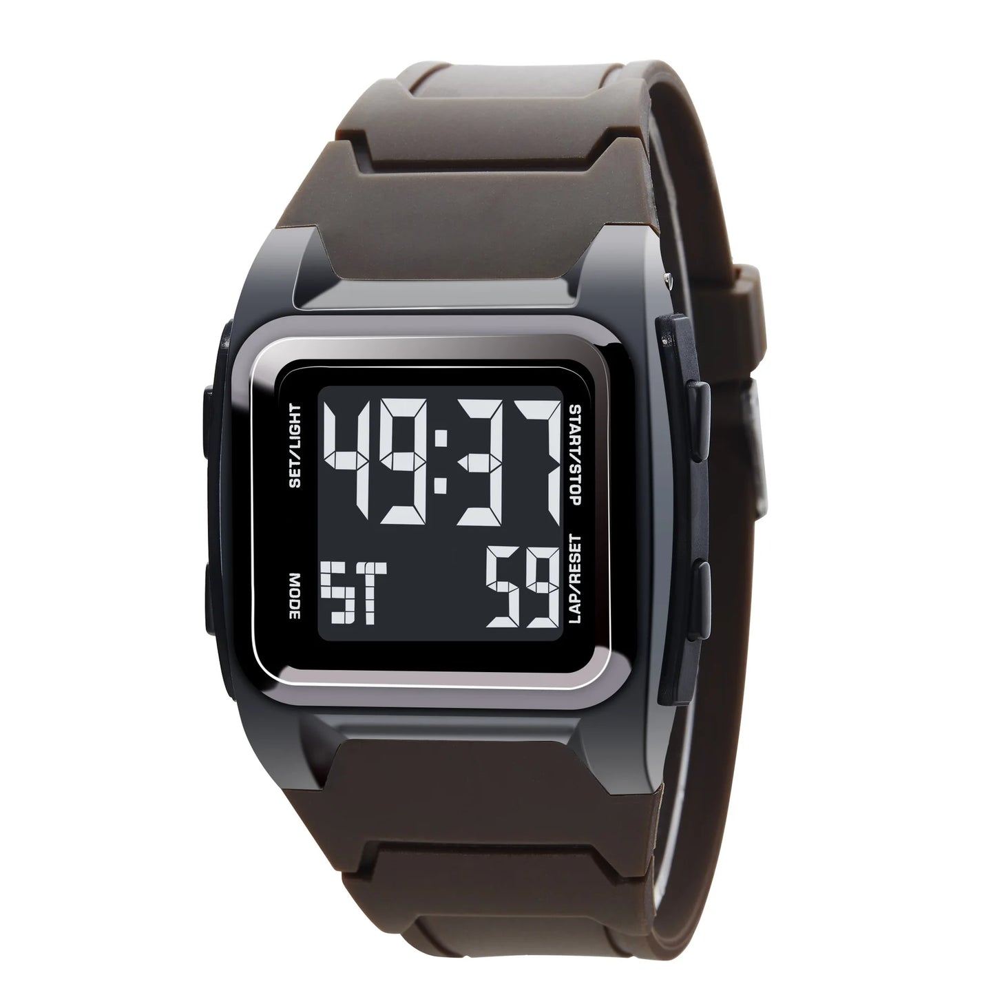 Digital watch with a black strap on a white background