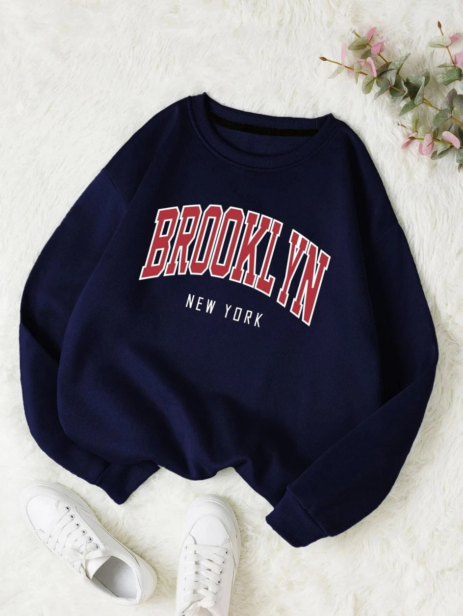 Brooklyn New Work Printed Hoodie Women’s Cotton Colorful Casual Top - Blue