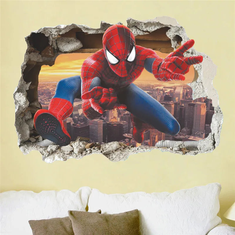 Spider-Man wall decal on a wall with a cityscape background