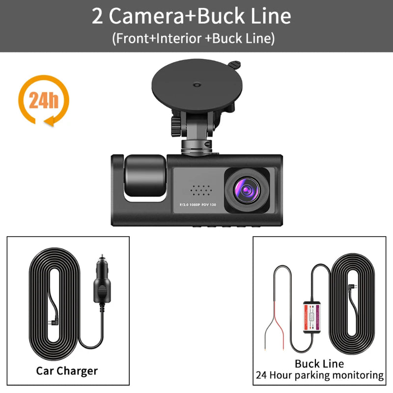 3-channel car dash camera with 1080P HD recording, 3-lens system for front, inside, and rear coverage – perfect for driving safety and surveillance - 2 camera buck line