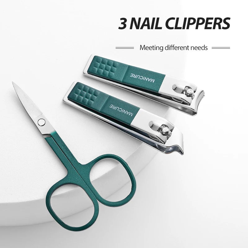 Set of nail clippers with green handles on a white background