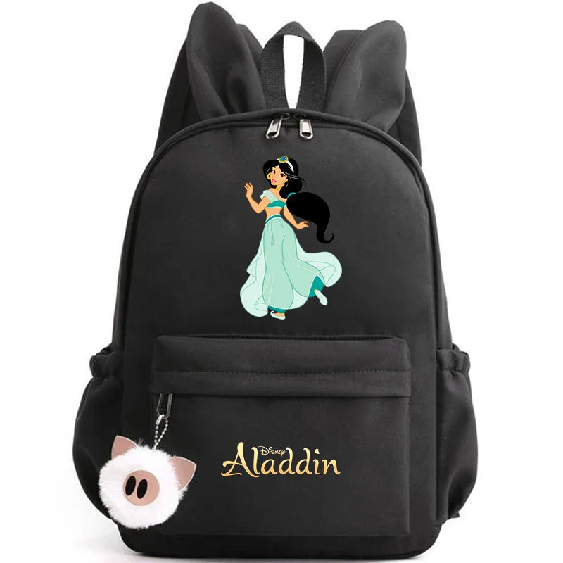 Black backpack with Disney Aladdin design featuring Jasmine on a white background