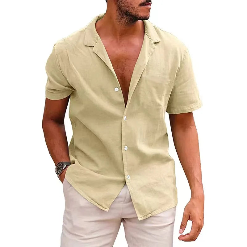 Man wearing a beige short-sleeve shirt on a white background