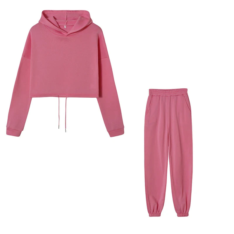 Women’s fashion two-piece sportswear set with long sleeves and high-waist casual pants in neutral tones pink