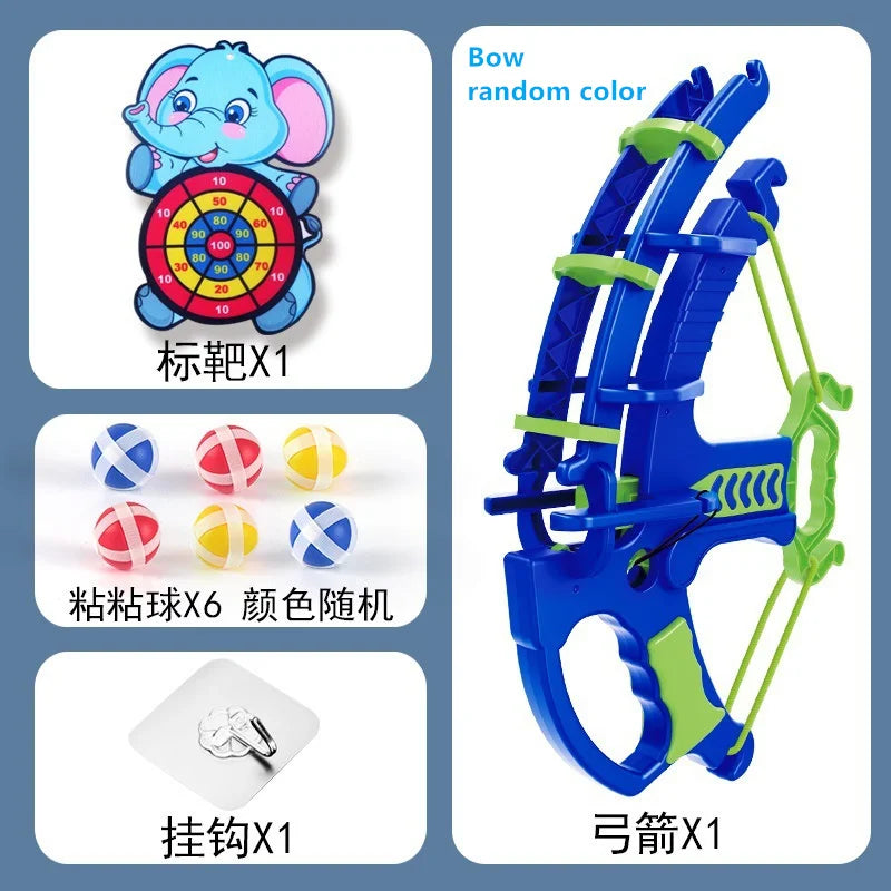 Toy bow and arrow set with target, colorful balls, and hook on a blue background