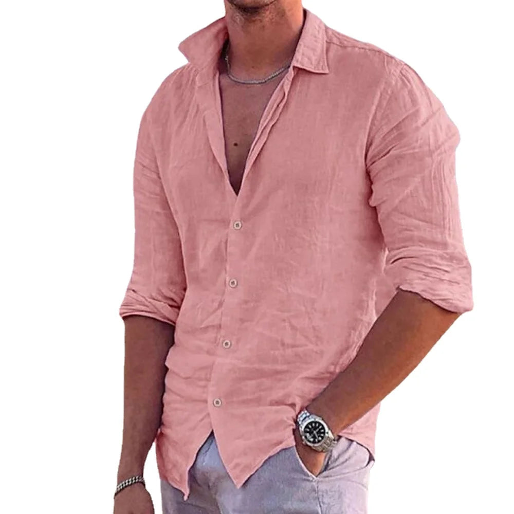 Men’s casual cotton linen polo neck long sleeve shirt in solid color, perfect for beach and holiday wear, lightweight and breathable fabric. -1