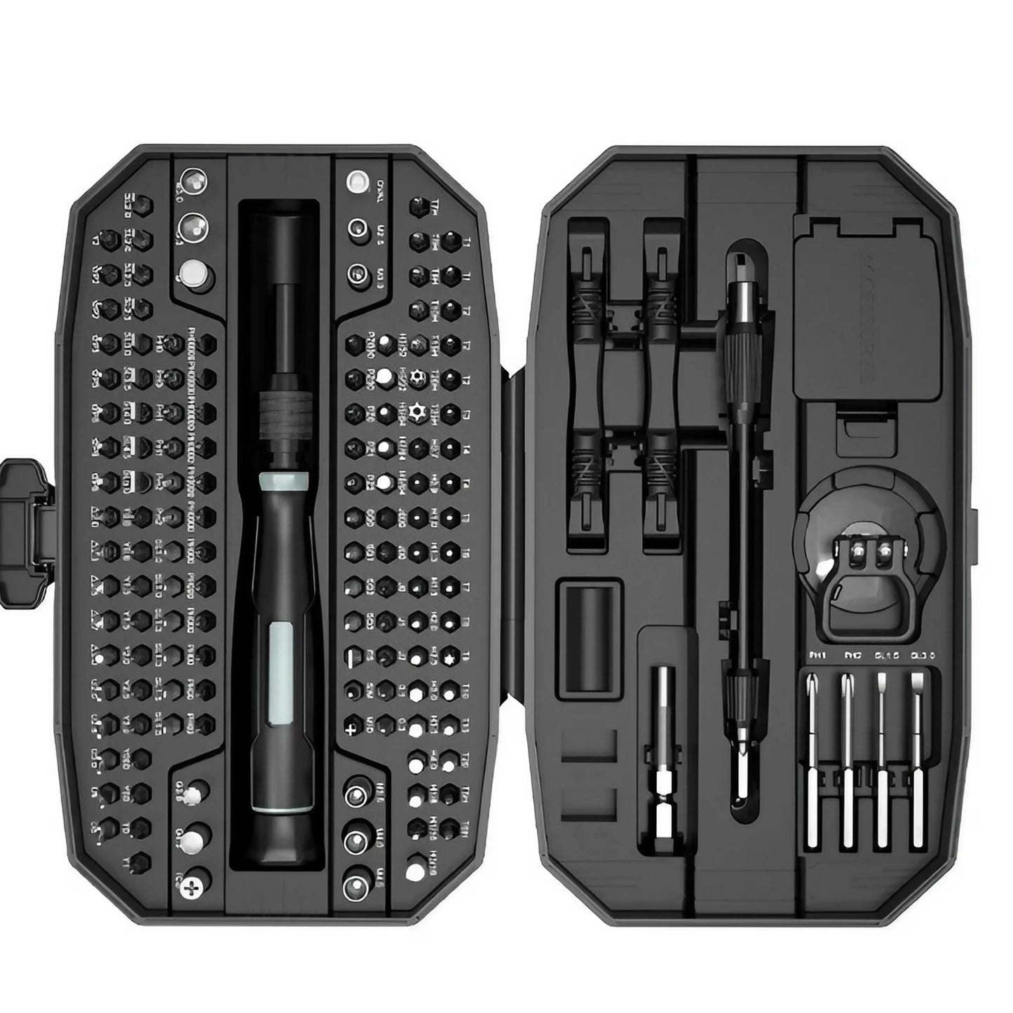 Open tool kit with various bits and a screwdriver on a white background