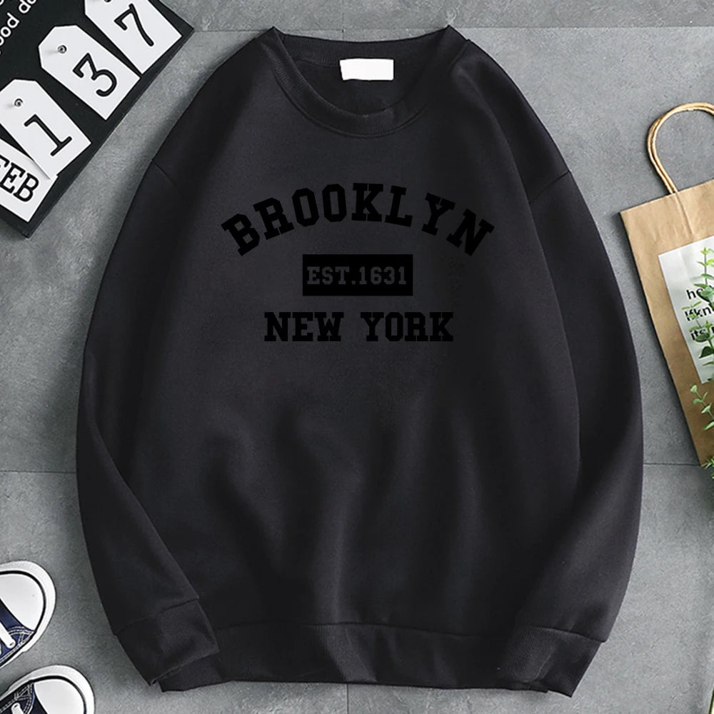 Women's Brooklyn 1631 letter print hoodie in soft fleece, gray pullover- black