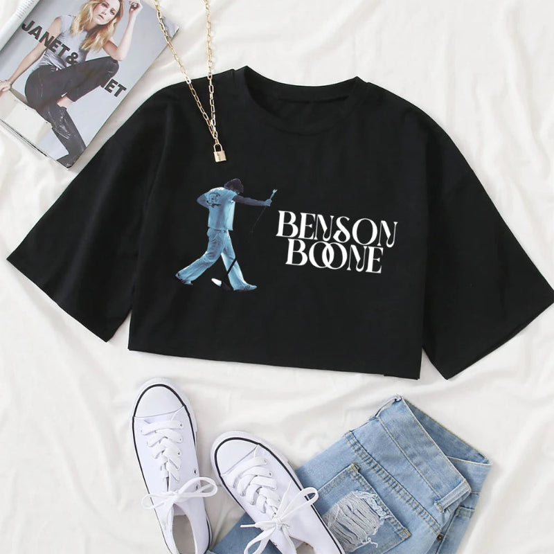 Black t-shirt with 'Benson Boone' design on a white background