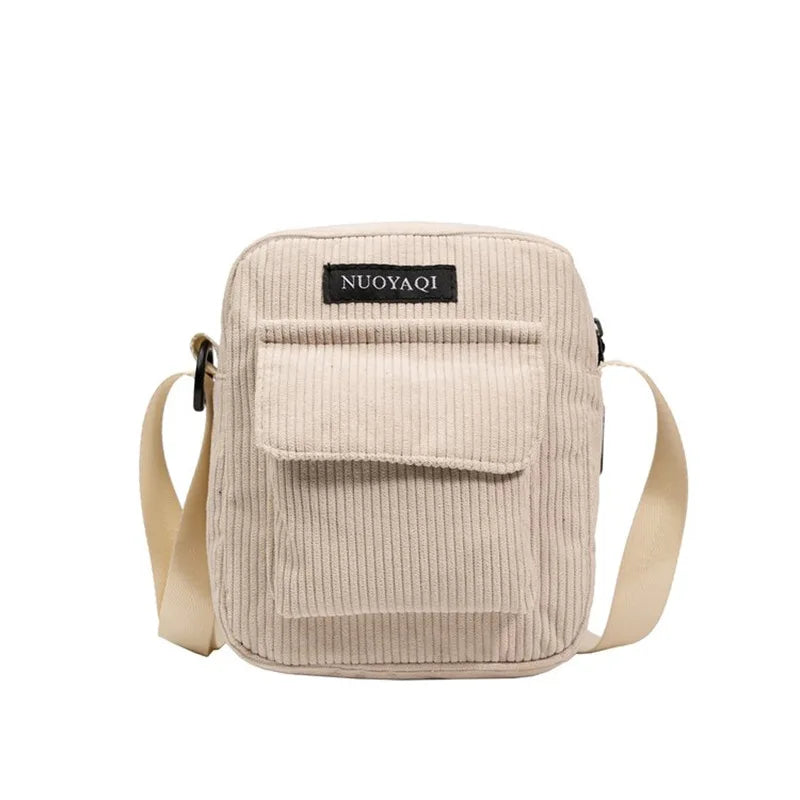 Striped corduroy fabric shoulder bag with zipper and crossbody strap, casual canvas tote for women beige 3