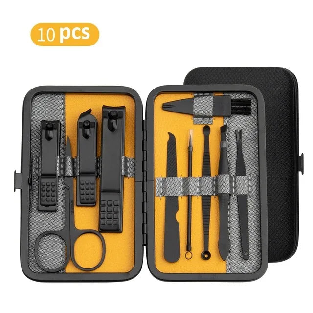 A 25-piece manicure set displayed in an open black case with yellow accents, including various nail clipppers, scissors, and other nail care tools.