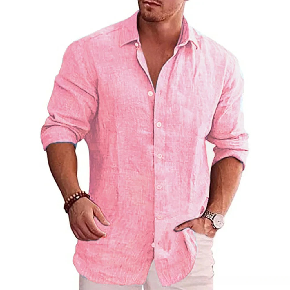 Men’s long sleeve cotton linen shirt in solid color, casual autumn wear, breathable fabric  -  pink-