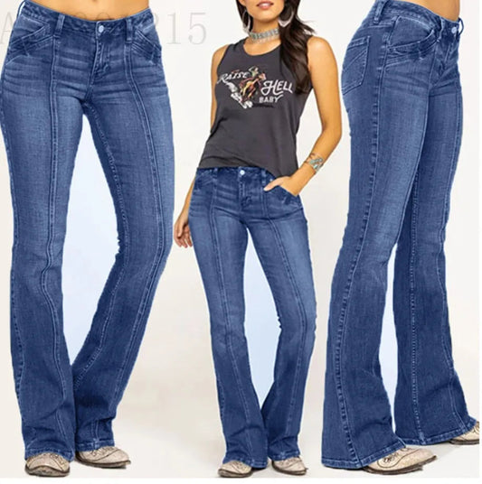 Woman wearing blue jeans with a graphic tank top, flanked by close-up views of the jeans.
