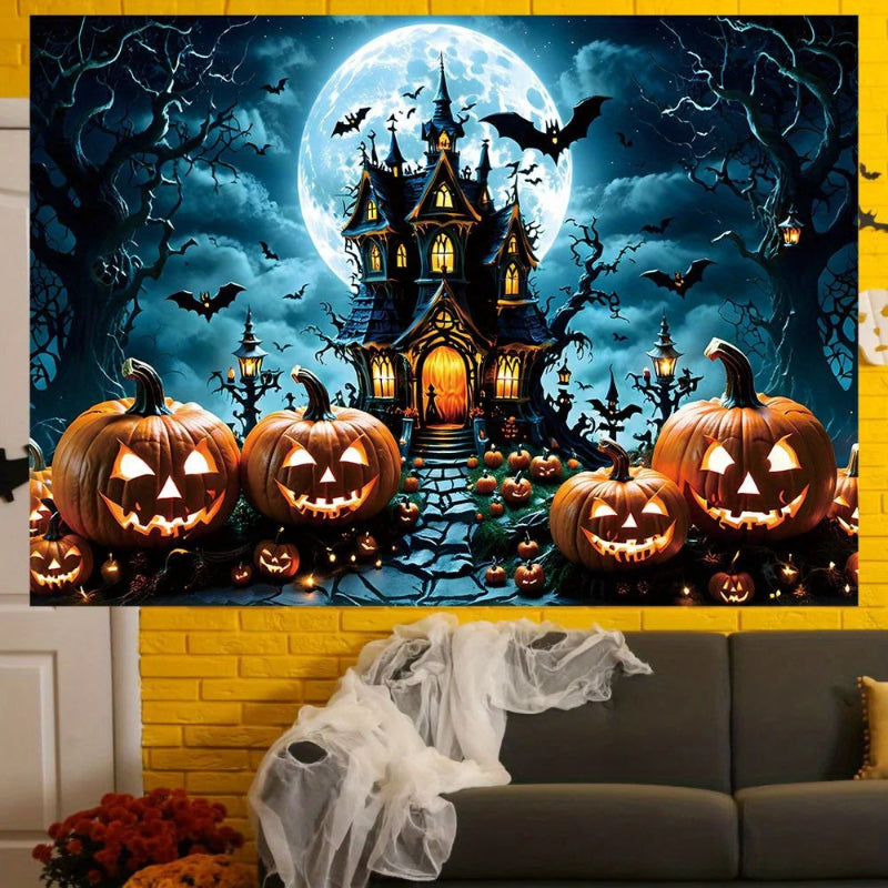 Halloween-themed wall mural with pumpkins, a haunted castle, and bats on a yellow wall.
