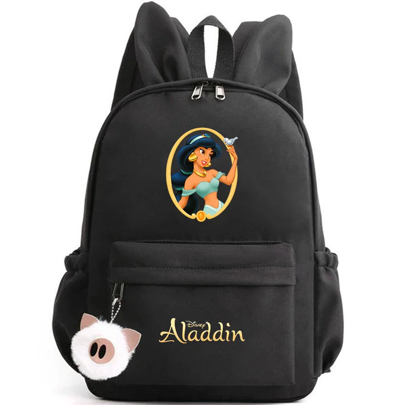 Black backpack with Aladdin design and 'Aladdin' text on a white background