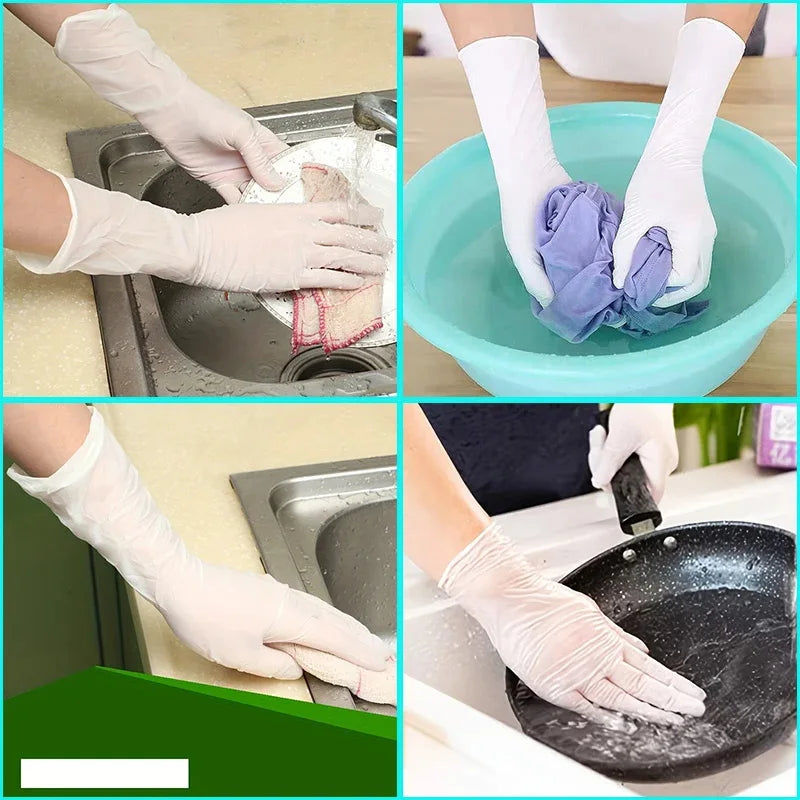 Collage of hands wearing gloves cleaning various items including a sink, pan, and clothes.