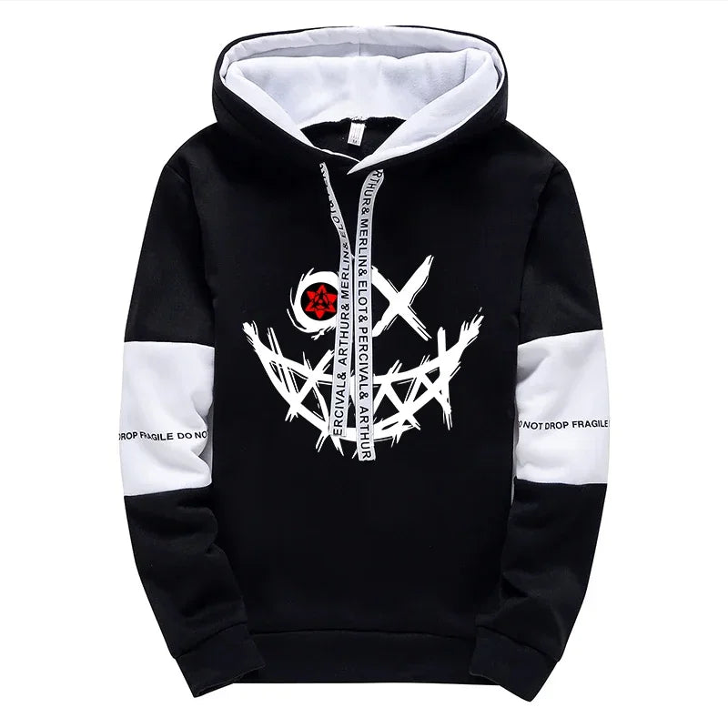 Black and white hoodie with graphic design on a white background