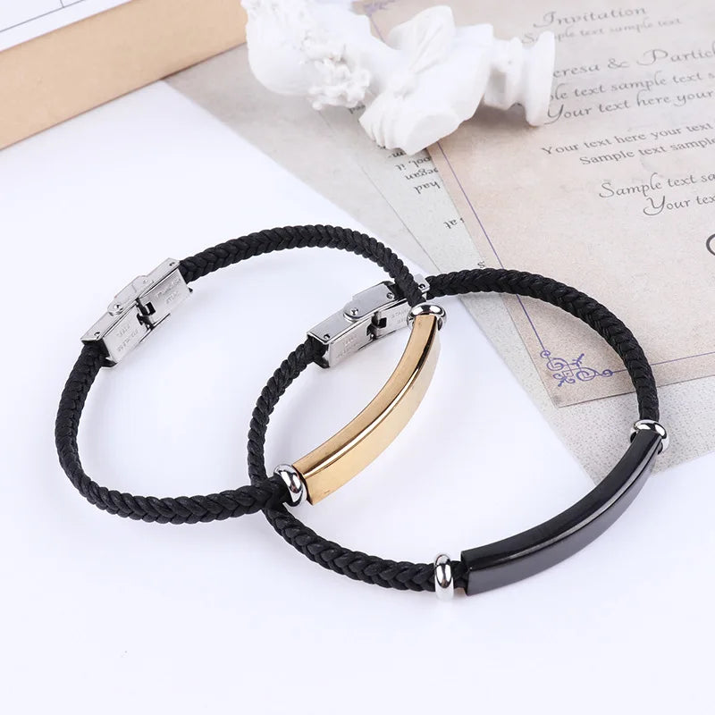 Punk Thin Custom name Leather Men Bracelet Personalized Stainless Steel Bracelets For Women Men ID Bracelet