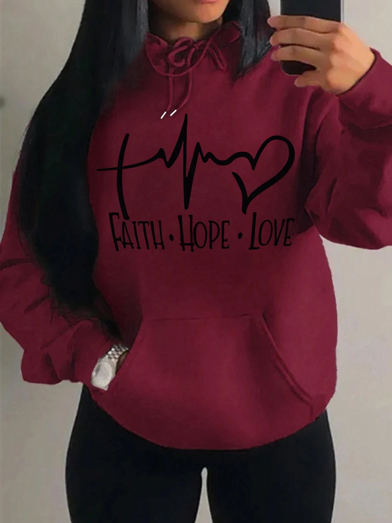 Faith Hope Love Letter Graphic Women’s Hoodie - Street Casual Sweatshirt-wine color