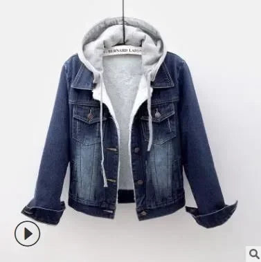 Denim jacket with gray hood on a white background