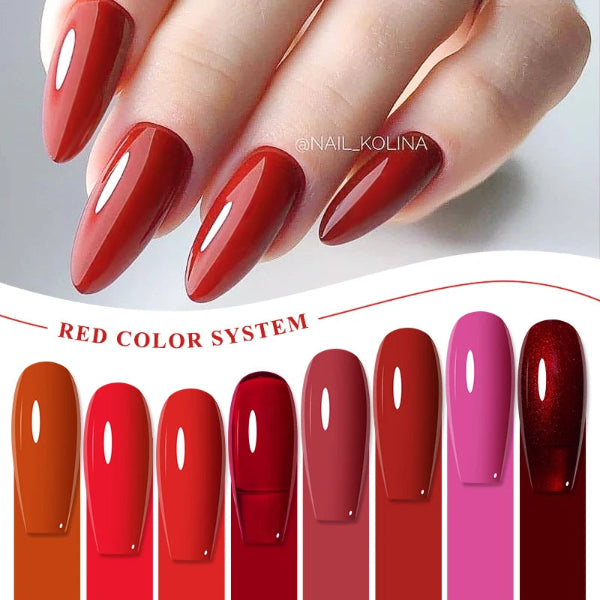 Mtssii 6PCS red gel nail polish set with glitter and matte finishes, includes base and top coat, soak-off UV LED nail varnish for art and design.  -  red color system