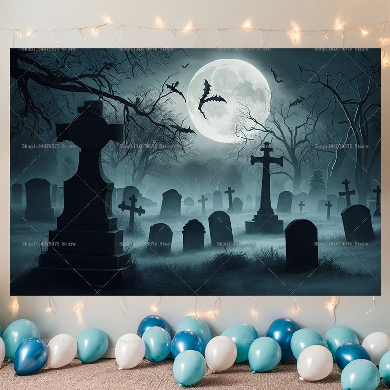 Halloween-themed wall art of a cemetery under a full moon with colorful balloons at the bottom.