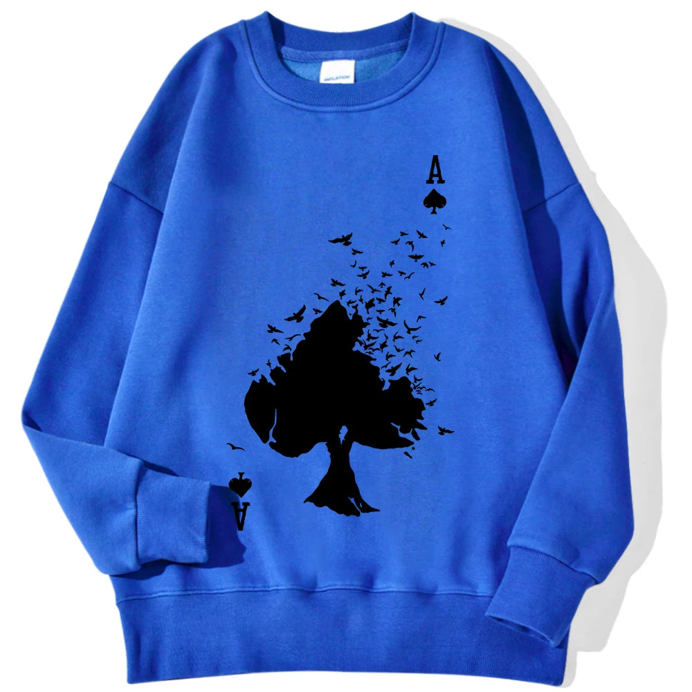 Drifting Spades Black Pattern Sweatshirt – Hip Hop Style Fleece Pullover for Men - dark blue