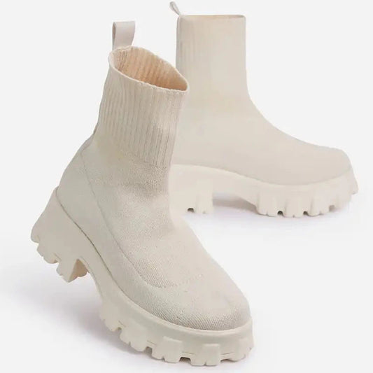 Women’s white platform ankle boots with sock fit, stylish heels for winter and autumn fashion- 1 white