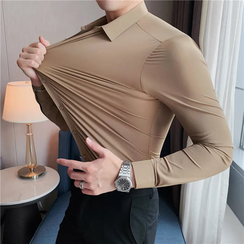 Plus size men’s seamless long sleeve slim fit shirt in high elasticity fabric, available from M to 4XL, suitable for casual and formal occasions. - 3