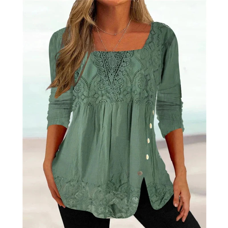 Women Lace Patchwork Vintage Elegant Blouses Summer Fashion Square Collar Solid 3/4 Sleeve Shirts Streetwear Loose Tunic Tops