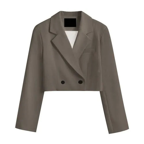Cropped blazer for women – trendy Korean style notched slim fit chic solid color fashion suit outwear dark geige