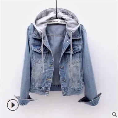 Denim jacket with a hood on a white background