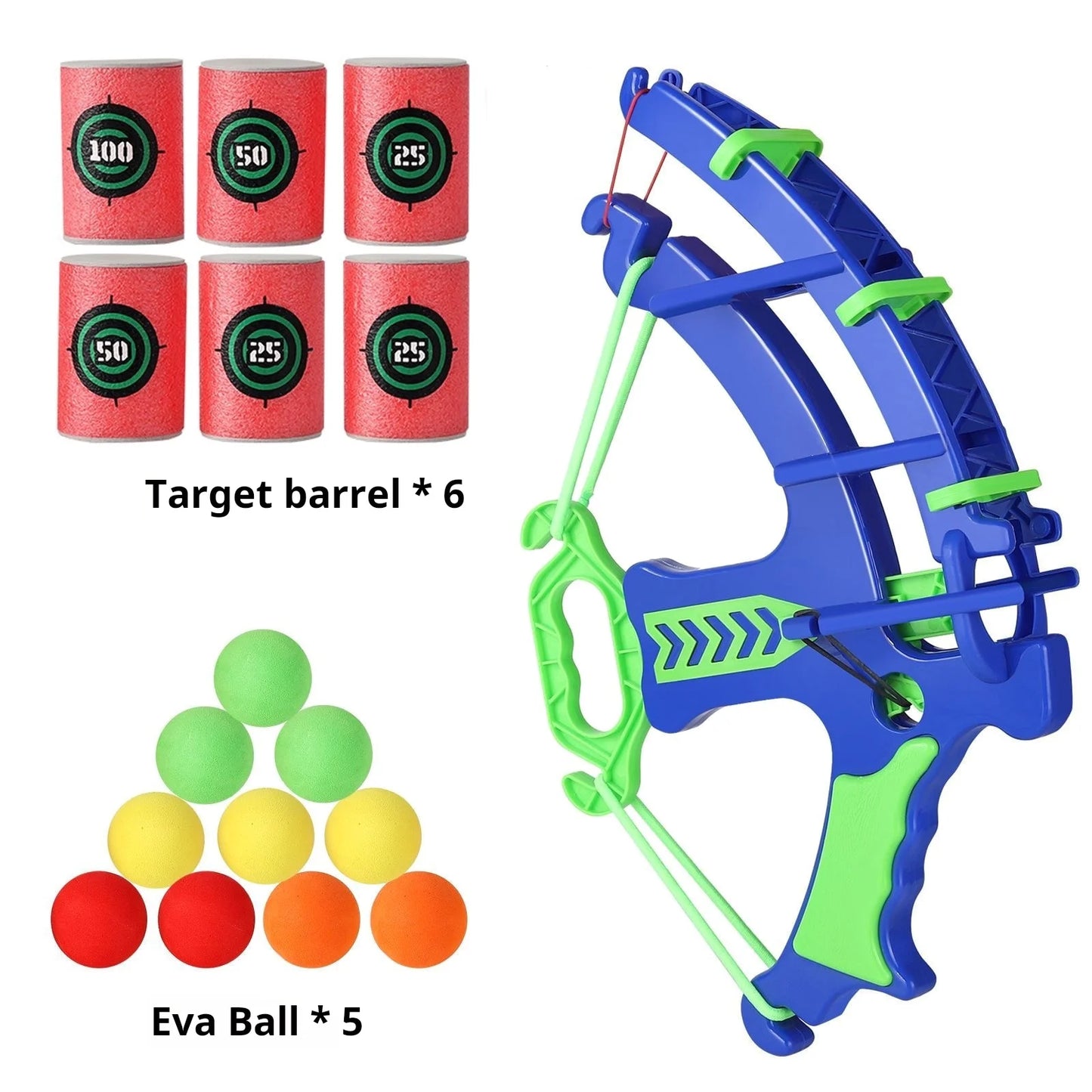Toy bow and arrow set with target barrels and colored balls on a white background