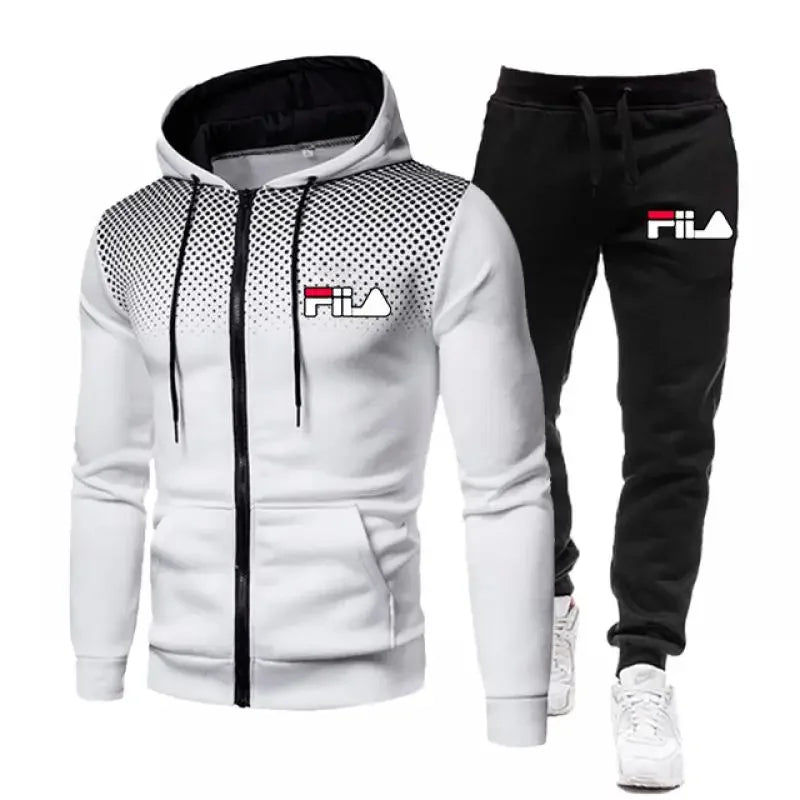 White hoodie with black zipper and black pants with Fila logo on a white background