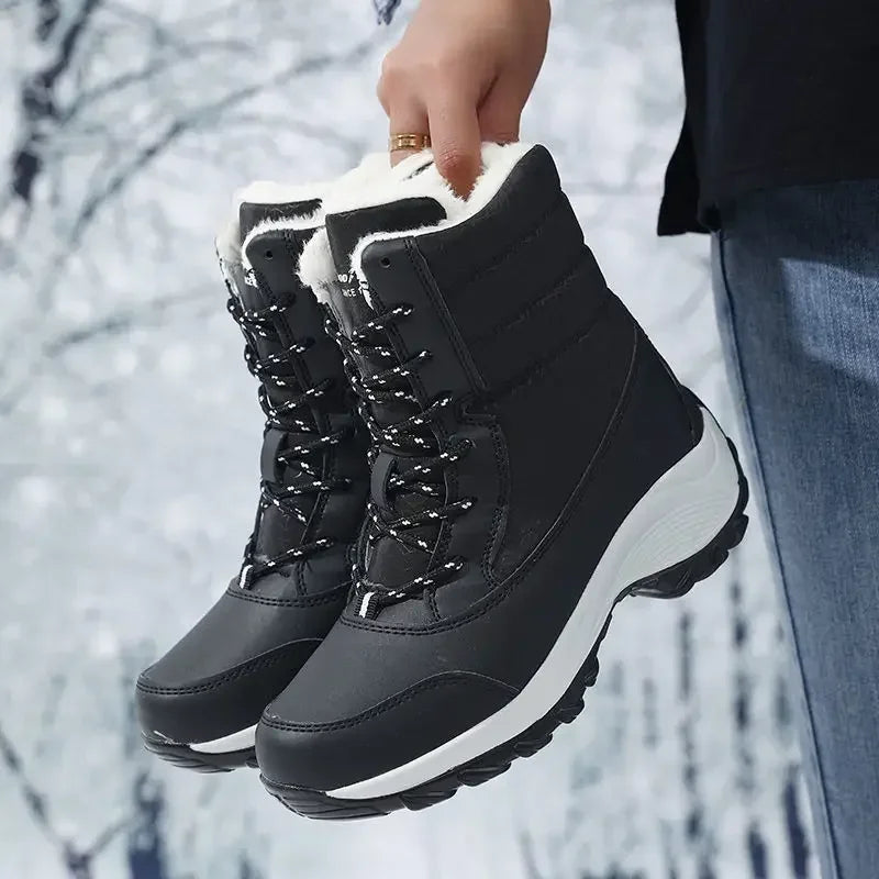 .  Boots for Women Platform Outdoor Snow Boots Non-slip Winter Walking Shoes Fur Warm Ankle Boots Wedge Waterproof Thigh High Boots -black