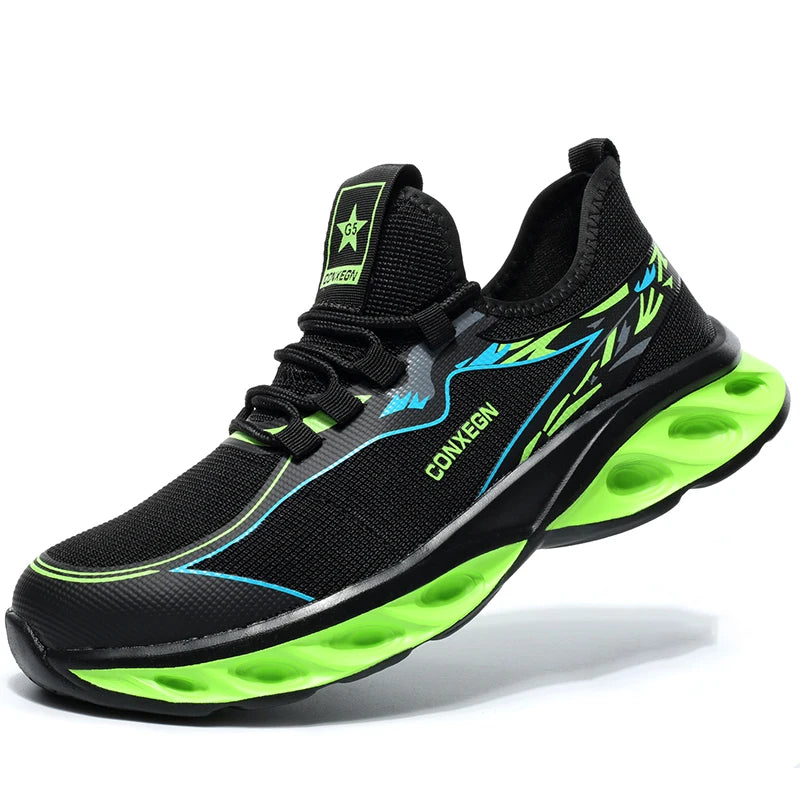 Men’s steel toe safety work shoes with anti-smashing and anti-piercing design, protective indestructible sports security boots green blue